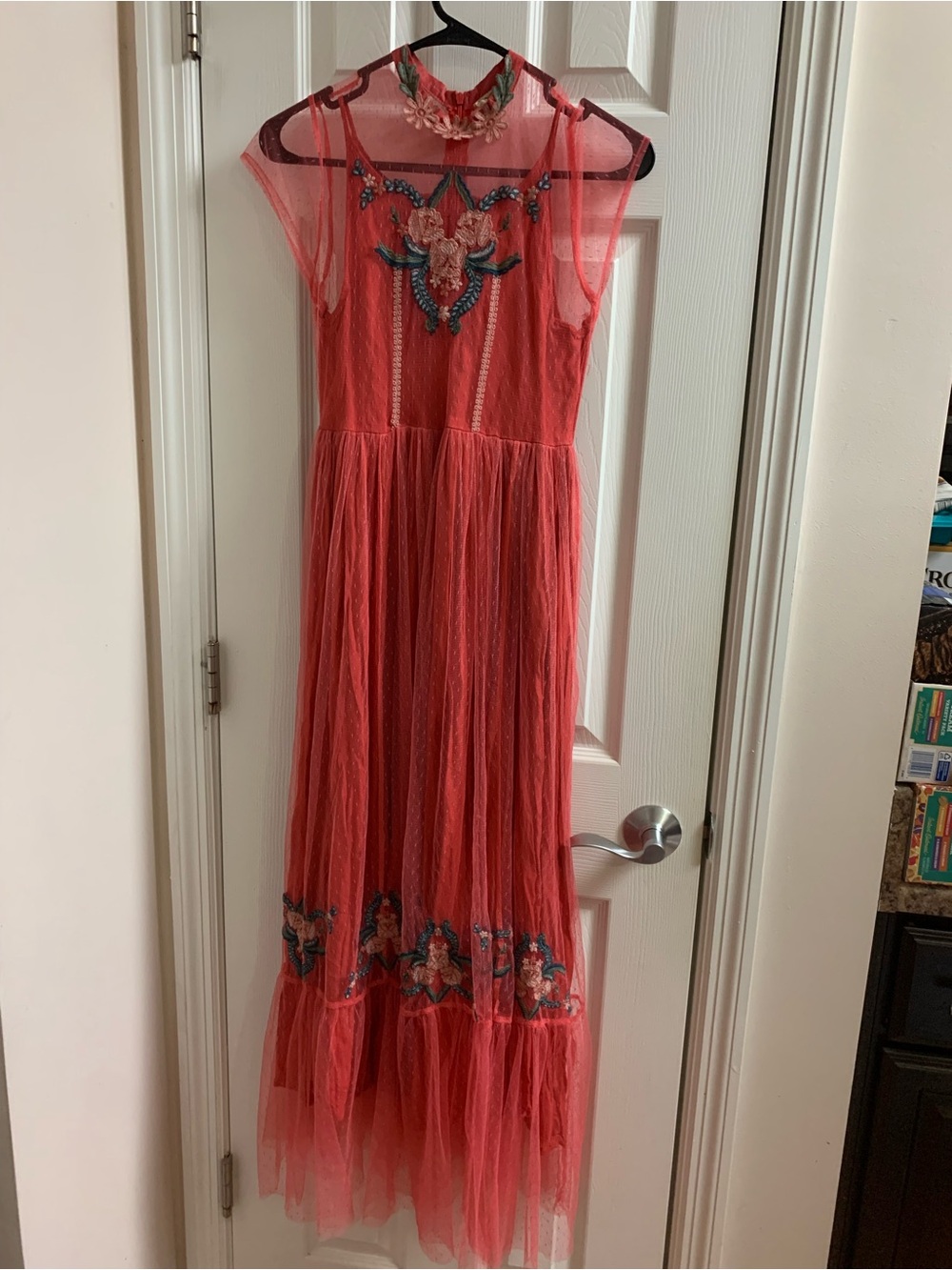 Joyfolie Mia Joy Girls Coral Pink Tulle Floral Embroidered Maxi Dress Size 14
